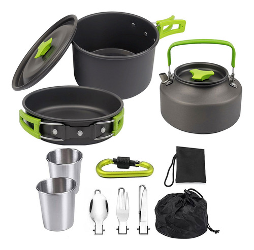 Set Ollas Outdoor Camping Cocinilla Utensilios Verde