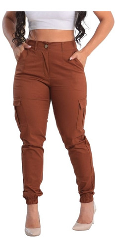 Calça Cargo Jogger Sarja Premium Lycra Elastano Feminina 