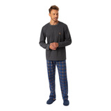 Pijama Flanelado Manga Longa Masculino Inverno Cinza Xadrez