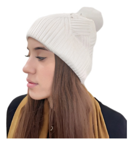 Touca Feminino Pérolas Pompom Gorro Inverno De Lã Forrada