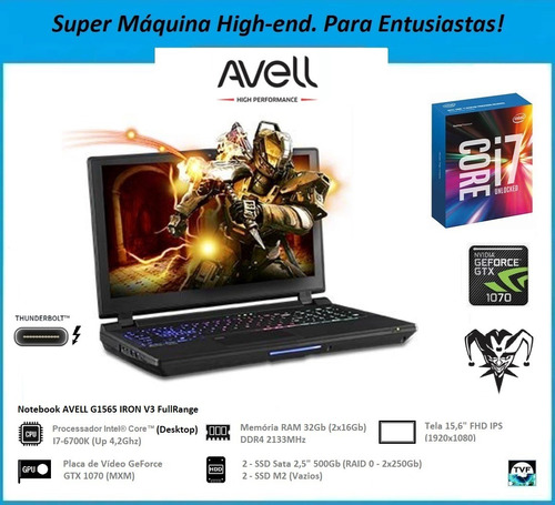 Notebook Gamer Avell G1565 Iron I7-6700k Mxm Gtx 1070 8gb 