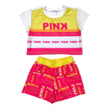 Conjunto Infantil Menina Estampado Pink Short Menina Verão 