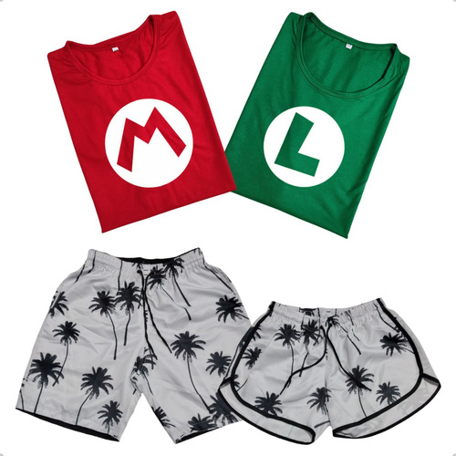 Kit Casal Conjunto Camiseta Mario Luigi +shorts Praia Casais