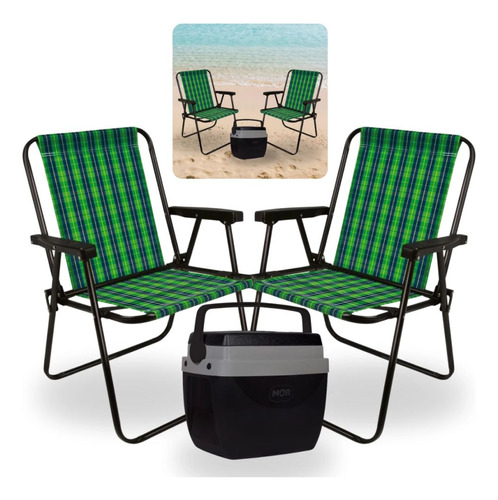 Caixa Termica Preta Cooler 12l Com Alça+ 2 Cadeiras De Praia