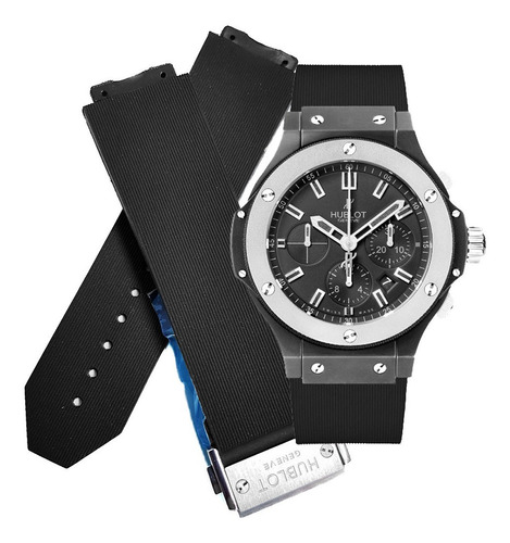 Correa Negra 25mm Grabado Lineas Con Broche Compatibl Hublot