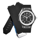 Correa Negra 25mm Grabado Lineas Con Broche Compatibl Hublot