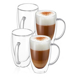 Set De 4 Tazas Mug De Vidrio Doble De 16 Oz C/ Asa Cafe Te