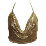 (gd) Top Corto Con Lentejuelas Brillantes, Halter, Cadena De