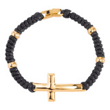 Pulsera Cordon Negro Con Dije De Cruz 4 Baños Oro 18k 21 Cms