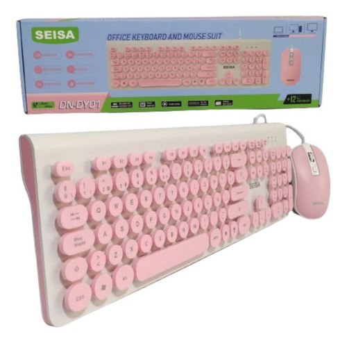 Combo Teclado Mouse Cableado Teclas Circulares Rosa Dn-dy01