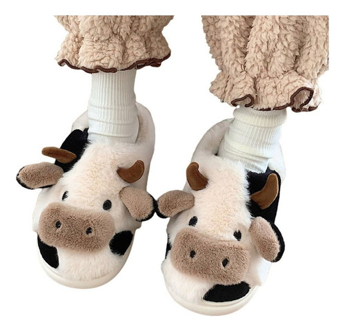 Pantuflas De Vaca Difusa, Zapatos De Algodón Cálido