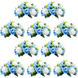 Flores Artificiales 15 Cabezas De Rosas Azul Y Bla Pack 10u.