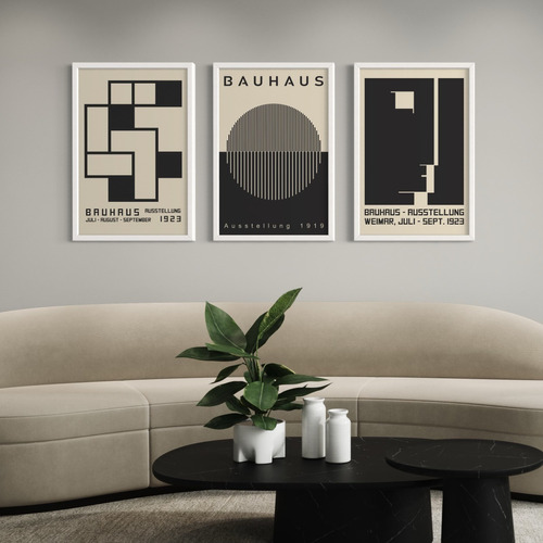 Set 3 Cuadros Con Vidrio - Bauhaus Negro Y Beige 40x60 Cm