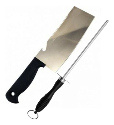 Set Cuchillo Hachuela Hacha Cocina Acero + Chaira Afilador