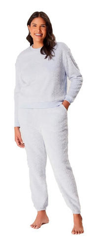 Pijama Feminino Longo Estampado Fleece Inverno Hering - Azul