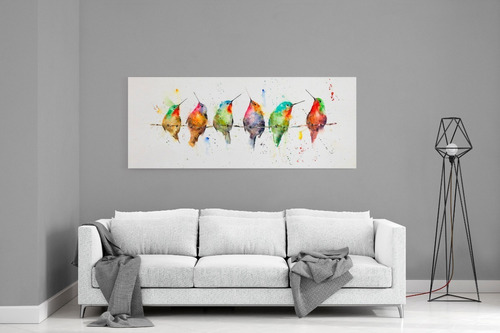Cuadro Decorativo Pájaros Colibríes Acuarela En Canvas 80x40