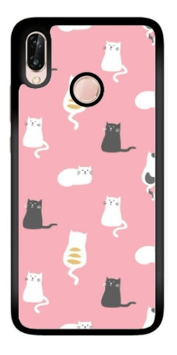 Funda Protector Para Huawei Gatos Blanco Negro Fondo Rosa 