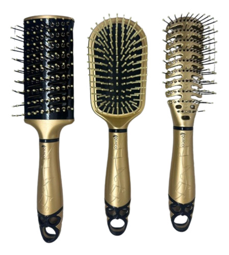 Set 3 Cepillos Profesionales Cabello Neumatico Araña Dorado