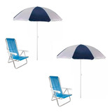 Kit 2 Cadeira Reclinável Azul 2 Guarda Sol Praia Piscina Mor