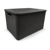 Caixa Organizadora Plástica Cesto Rattan 40 Litros Com Tampa Cor Preto