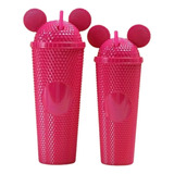 Vaso Rosa Duo Orejas Mickey Texturizado Con Popote Y Tapa