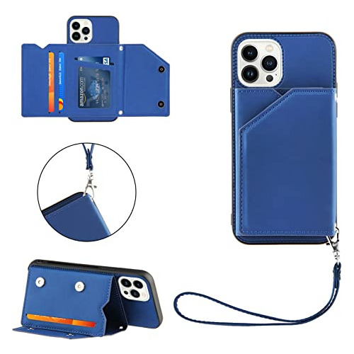 Funda Cartera Para iPhone 13 Pro Max Azul Con Correa De Muñe