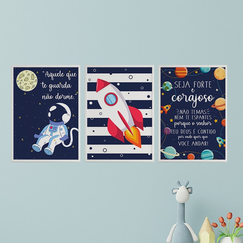 Kit 3 Quadros Quarto Menino Foguete Astronauta 20x28cm