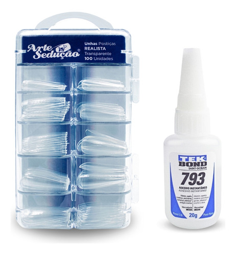 Kit 100 Postiças Realista Transparente + Cola Tek Bond 793