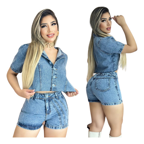 Conjunto Feminino Jeans Short E Blusa C/ Botões 2023