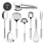 Jogo Kit 8 Utensílios Para Cozinha 100% Inox Profissionais