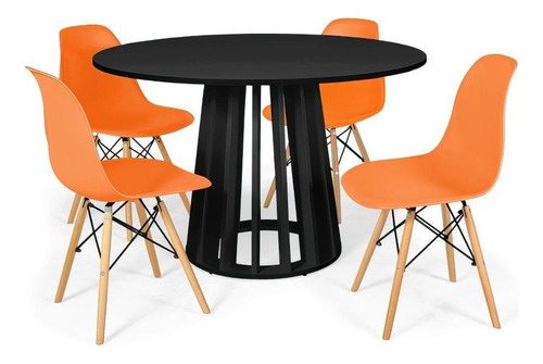 Mesa Jantar Redonda Talia Preta 120cm + 4 Cadeiras Eiffel Cor Laranja