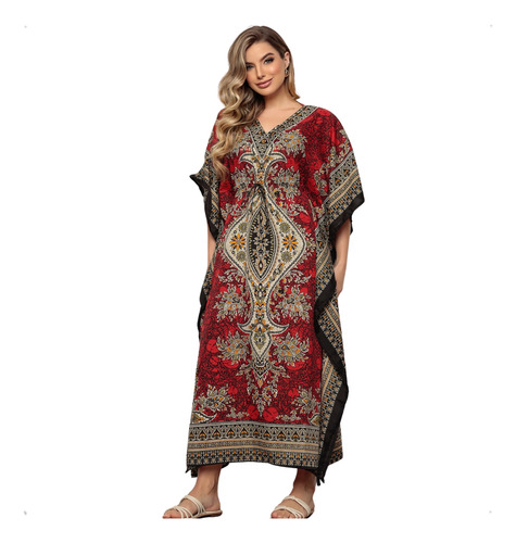 Vestido Kaftan Indiano Longo Estampa Boho Plus Size