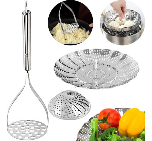 Amassador De Batata E Cesto Inox Para Cozinhar Legumes