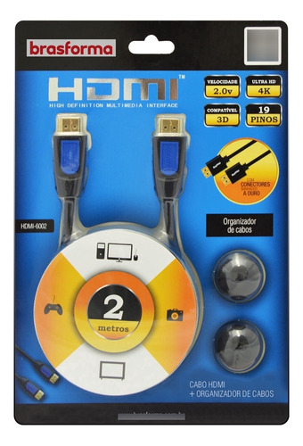 Cabo Hdmi 2.0 4k 19 Pinos 2 Metros C/ Organizador De Cabo