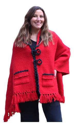 Capa Tipo Poncho En Lana De Oveja - Modelo Copihue Rojo