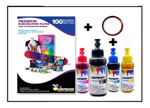 Pack Premium Sublimacion, Papel Premium 100g + Tinta + Cinta