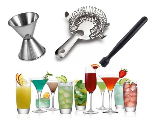 Kit Barman Jigger Colador Muddler Para Cocteles Bebidas Bar