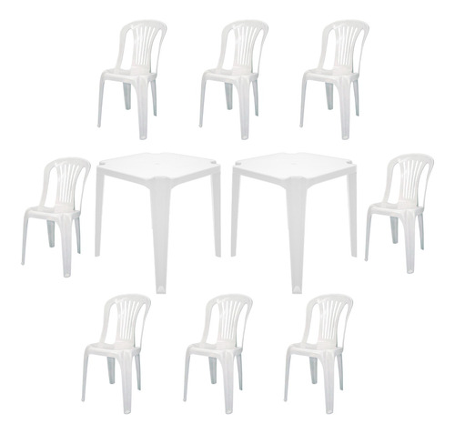 Kit 2 Mesa De Jantar E 8 Cadeira Plástico Cinza Preto Branco