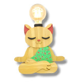 Velador Lampara Gatito Madera Meditando Zen Buda