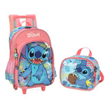 Kit Mochila Infantil C/alça Rodas E Lancheira Térmica Stitch