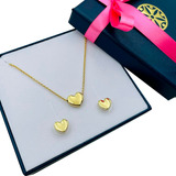 Set Nice Collar & Aretes De Corazón Con 4 Baños De Oro 18k