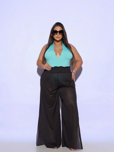 Saída De Praia Calça Pantalona Plus Size Elastico E Fenda