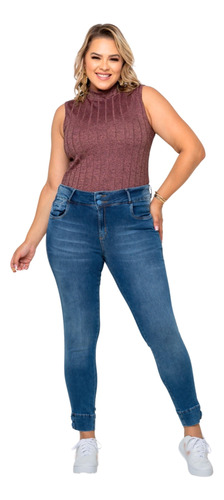 Calça Jeans Skinny Feminina Plus Size Cintura Alta Elastano