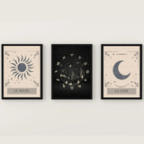 Set De 3 Cuadros Con Vidrio Abstractos Tarot Luna Sol 20x30