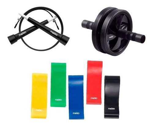 Set Rueda Abdominales + 5 Bandas Elásticas + Soga Fitness Cs