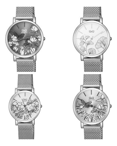 Reloj Q&q Qyq Elegante Flowers Acero Plateado + Estuche Dama