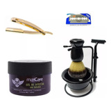 Kit Brocha Afeitar +soporte + Crema Afeitar + Navaja Barbero