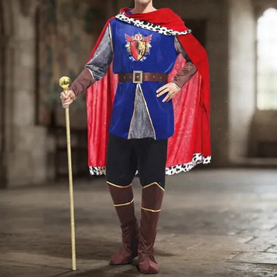 Disfraz Rey Medieval Hombre Adulto Con Corona Capa Roja Camisa Azul Cinturon Pantalon Botas Para Halloween Carnaval Fiesta Tematica Cosplay