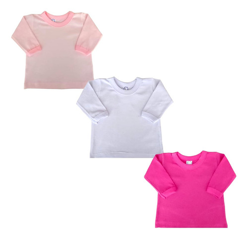 Kit 3 Peças - Camiseta Lisa Manga Longa Tam. P A 3 Anos Bebê