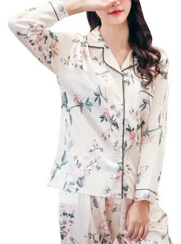 Conjunto De Pijama De Seda Con Estampado Floral Para Mujer